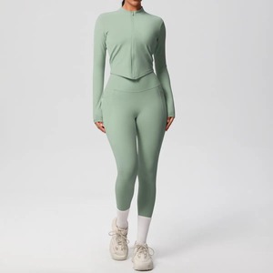 Conjunto de Yoga de 2 Piezas para Mujer, Gris a Cuadros, Leggings Largos, Top Corto de Manga Larga, Cintura Alta, Cierre Frontal sin Costuras, Spandex/Nylon - Product Image 5