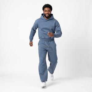 Ensemble survêtement décontracté bleu pour homme : sweat à capuche et pantalon de survêtement couleur unie, coupe droite, avec cordon de serrage et poches, longueur intégrale - Product Image 4