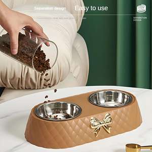 Bol de nourriture pour animaux de compagnie en acier inoxydable double de luxe avec base antidérapante et design élégant en forme de nœud pour chiens - Product Image 3