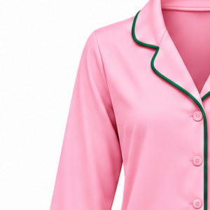 <b>Pink</b> Sorority Sleepwear Set with Green Embroidered Crest Button Down <b>Long</b> <b>Sleeve</b> <b>Top</b> and Elastic Waist Pants Women - Product Image 5