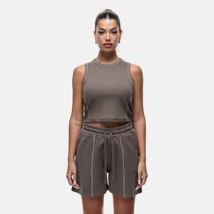 Conjunto de Top Corto de Punto para Mujer, Color Sólido, Cuello Redondo, Sin Mangas, Transpirable, Estilo Minimalista, Pantalones Cortos de Spandex y Poliéster - Product Image 5