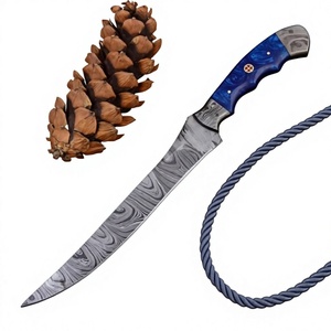 Cuchillo de Filetear de Acero de Damasco Forjado a Mano de 12 Pulgadas |   Cuchillo de Caza con Mango de Resina Personalizado, con Pernos de Latón y Funda - Product Image 1