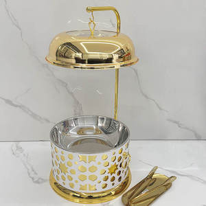 Round Stainless Steel Chafing Dish <b>Buffet</b> Food Warmer Gold Finish Ornate Pillar Stand Glass Lid Wedding Catering <b>Server</b> - Product Image 1
