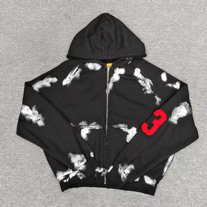 <b>Black</b> Oversized Tie Dye <b>Zip</b> <b>up</b> <b>Hoodie</b> Unisex Streetwear with Red Number 3 Sleeve Print OEM Service 100% Cotton - Product Image 1
