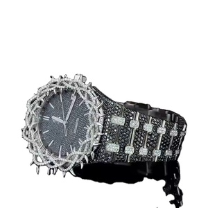 นาฬิกาควอตซ์สไตล์ฮิปฮอปสุดหรู VVS Moissanite สีดำทำจากสเตนเลสสตีลสายหนังแซฟไฟร์แก้วมีเอกลักษณ์ - Product Image 1