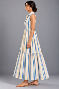 Vestido Camisero Maxi a Rayas de Algodón Cambray para Mujer – Vestido de Verano sin Mangas con Volantes de 120 GSM, Tejido de Algodón Suave para Primavera/Verano - Product Image 3