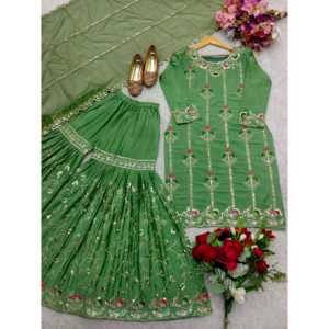 Conjunto de Fiesta para Mujer de Diseñador con Top Bordado, Sarara, Dupatta y Trabajo de Lentejuelas - Product Image 3