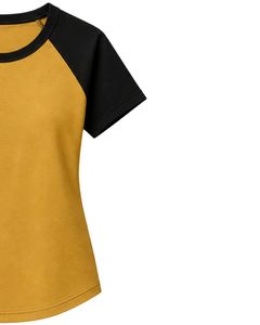 Mustard Yellow And Black <b>Raglan</b> T Shirt For Women Casual Crew Neck Short Sleeve Soft Cotton Blend Summer Fashion <b>Top</b> - Product Image 4