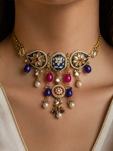 Gold Plated Floral Zinc Alloy Choker Necklace Earring <b>Bracelet</b> <b>Set</b> with Zircon and Pearl Ethnic Wedding Jewelry for Women - Product Image 1