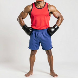 Ensemble de boxe : Débardeur rouge, short bleu et gants en cuir noir – Tenue d'entraînement durable toutes saisons - Product Image 1