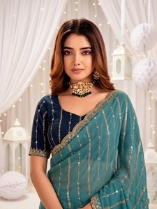 AARA Fashion Saree en soie vert sarcelle élégant avec broderie dorée, tenue de mariage indienne traditionnelle pour femme, longueur au sol, coupe classique, Sun - Product Image 4