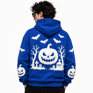 Sudadera con Capucha Personalizada con Gráficos 3D de Halloween para Hombre, Sudadera Azul Rey con Estampado de Calabazas, Murciélagos y Cementerio, de Algodón y Felpa, Estilo Casual - Product Image 4
