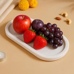 Modern White Marble Oval Serving Tray with Raised Edge Organizer for <b>Coffee</b> <b>Table</b> Kitchen Countertop and Vanity Disp - Product Image 3
