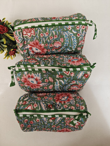 Sacs à maquillage en coton durable à rayures vertes et motifs floraux imprimés, pochettes indiennes, trousse de toilette de voyage, organiseur de cosmétiques - Product Image 2