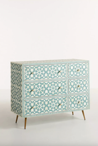 Coffre de rangement de salon de style Mid-Century Modern avec incrustations en os et motifs géométriques, 5 tiroirs, aux prix les plus bas - Product Image 1