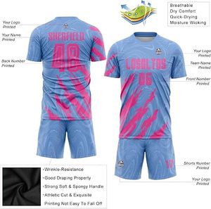 Custom Sublimated Soccer Jersey Kit <b>Light</b> Blue Pink Team <b>Name</b> 00 Moisture Wicking Unisex Adult Short Sleeve Crew Neck - Product Image 2