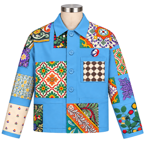 Chaqueta de Trabajo Azul Cielo con Mosaico, Chaqueta Casual con Botones y Parches Florales Multicolores, Estilo Urbano con Bolsillos Funcionales - Product Image 1