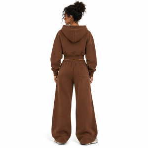 OEM Brown <b>Cropped</b> <b>Zip</b> <b>Up</b> Tracksuit Set Wide Leg Pants Casual Athleisure OEM Private Label Custom Logo Sweatshirt And Sweatpants - Product Image 2
