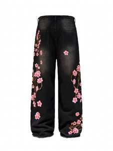 Pantalones de forro polar negros de cintura baja y pierna ancha para mujer con aberturas y bordado rosa, ajuste holgado, largo hasta el tobillo, informales, para invierno - Product Image 4