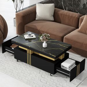 Mesa de Centro Rectangular Contemporánea TREND con Superficie de Imitación Mármol y Ruedas, Mesa de Café Moderna con Video - Product Image 1