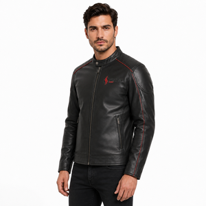Veste en cuir PU noire pour homme, coupe ajustée, avec surpiqûres rouges, col montant, fermeture éclair et logo frontal - Product Image 3