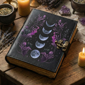 Libro Grimoire de Cuero con Fases Lunares Impresas, Libro Vintage con Papel de Borde Roto, Hecho a Mano, Tapa Dura, Libro de Rituales Mágicos y Ocultos Al-Amir - Product Image 3