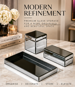 Black <b>Mirrored</b> Glass <b>Jewelry</b> Storage <b>Box</b> Set of 3 with Silver Edges Glossy Finish Soft Lining Decorative Keepsake Organizer - Product Image 4