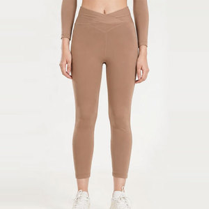 Seamless Scrunch <b>Women</b> Cross Waistband New Fashion Sports Short Length Bottom <b>Compression</b> Solid Color Quick Dry Gym <b>Leggings</b> - Product Image 1