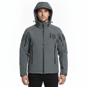 Men's Gray Hooded <b>Waterproof</b> PU Motorcycle <b>Jacket</b> With Front Logo Zipper Closure Solid Color Workwear Style <b>Winter</b> Wear - Product Image 4