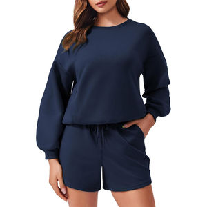 Conjunto Deportivo de Dos Piezas para Mujer, Invierno, Color Sólido, 100% Algodón, Sudadera Holgada para Pantalones Cortos, Conjunto Deportivo Informal y Cómodo - Product Image 4