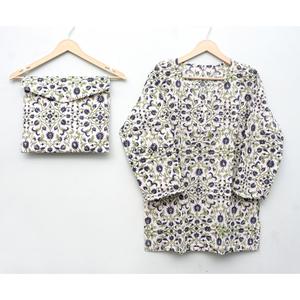 ART&ART Conjunto de pijamas 100% algodón con estampado floral hecho a mano, ropa de dormir informal de manga larga con cuello redondo para todas las estaciones - Product Image 3