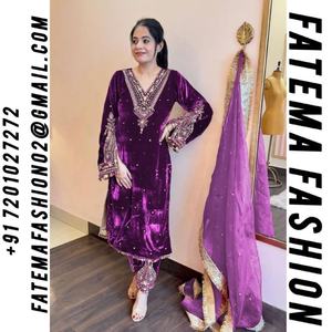 Traje Salwar Kameez Indio Pakistaní Listo para Usar, Lavable a Máquina, para Fiestas, con Bordado de Terciopelo y Lentejuelas, Top, Palazzo y Dupatta - Product Image 2