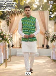 Kurta Koti Multicolor Maharaja para Bodas, Diwali y Fiestas, Satén Malai, Largo hasta el Suelo, Ropa Tradicional Masculina de Secado Rápido - Product Image 2