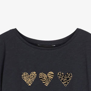 Women's Black Animal Print Heart T-Shirt Regular Fit Short Sleeve O-Neck Casual Jersey Cotton <b>Top</b> - Product Image 5