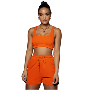 Orange Women Two Piece Shorts <b>Set</b> Sleeveless Crop Top Drawstring Above Knee Shorts Summer Casual Outfit 100% Cotton Anti-Wrinkle - Product Image 1