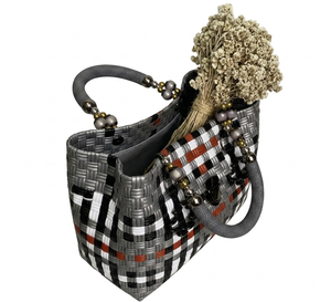 Handmade Woven Plastic Reusable Bag Eco Friendly Plaid Shopping Basket <b>Handbag</b> With Beaded Handle And Secure Metal Lock - Product Image 4