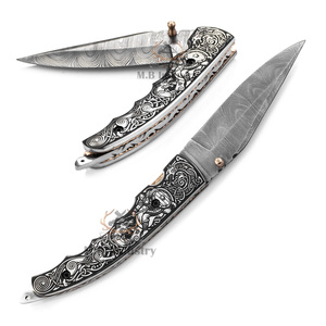 Cuchillo Plegable Profesional de Acero de Damasco para Camping - Mango de Hueso de Camello con Grabado Láser - Valhalla Dragonborn Grado Industrial - Product Image 1