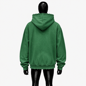 Sudadera con capucha verde extragrande con cremallera completa, estampado de estrellas rojas y borde desgastado, estilo streetwear unisex de ajuste holgado - Product Image 2