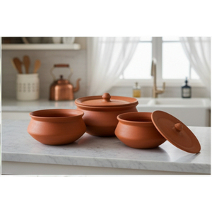 Juego de Ollas de Barro Terracota SwamiG TradeX, Ecológicas, Seguras, Saludables, Antiadherentes, Resistentes a la Oxidación, Nuevo Diseño, Estilo Rústico (3 Piezas) - Product Image 1
