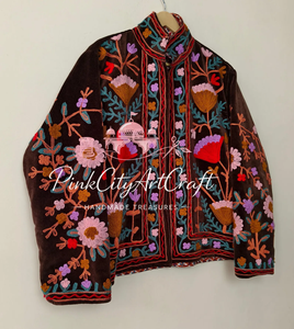 Handcrafted Velvet Embroidered <b>Quilted</b> Jacket Traditional Rajasthani Boho Floral Winter Women's Breathable Eco-Friendly Long - Product Image 5