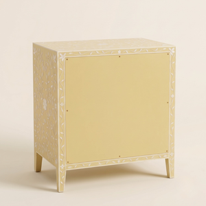 Table de chevet artisanale en os incrusté jaune clair, 3 tiroirs, design floral, mobilier de chambre de luxe, meuble de rangement - Product Image 2