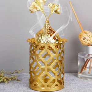 Solid Wood Base Brass Charcoal Bakhoor <b>Burner</b> Stand with <b>Silver</b> Geometric Cutout Square Metal Arabic Mabkhara For Home Fragrance - Product Image 5