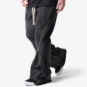 Pantalones deportivos casuales para hombre, estilo flare apilado, de poliéster con lavado ácido, ecológicos, transpirables, de ajuste holgado, con cremallera - Product Image 2