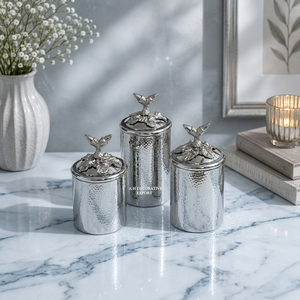 Handcrafted hammered silver Canisters with leaf design lids 3-Piece Stainless Steel <b>Kitchen</b> <b>Storage</b> <b>Jars</b> <b>for</b> Sugar Coffee Flour - Product Image 3