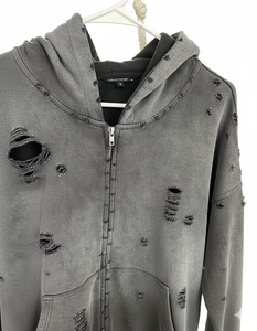 High Quality 500GSM Men zipper Hoodie Fleece Oversized Polyester/Cotton Anti-Wrinkle Breathable Washed allover distressed hoodie - Product Image 6