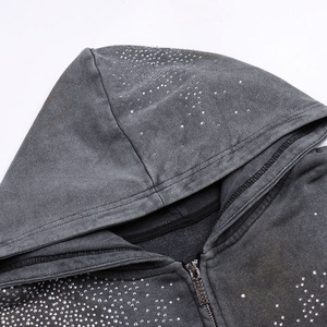 Sweat à capuche zippé pour homme, style streetwear premium, avec strass, délavé à l'acide, effet usé, haute qualité, effet soleil éclairé, coupe oversize - Product Image 6
