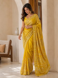 <b>Yellow</b> Bandhani Moonga Silk Vintage Floor-Length <b>Saree</b> Mirror Work Border Elegant Indian Wedding Wear Designer Party Wear Women - Product Image 3