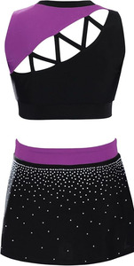 Ensemble uniforme de pom-pom girl violet et noir, haut court sans manches, jupe à fermetures éclair, design ajouré, taille haute, fermeture élastique, séchage rapide - Product Image 3
