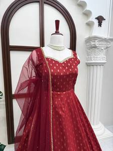 Designer Maroon Banarasi Anarkali <b>Suit</b> with Net Dupatta Luxury Festive Ethnic Gown Set <b>for</b> <b>Women</b> <b>Wedding</b> Party Wear - Product Image 3