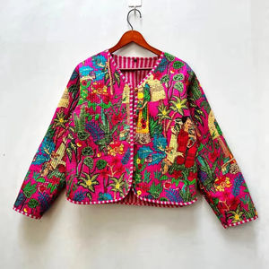 เสื้อแจ็คเก็ตบอมเบอร์ผ้าฝ้ายพิมพ์ลายบล็อก ทำมือ สไตล์โบโฮ สำหรับผู้หญิง แบบสั้น ใส่ได้สองด้าน เป็นมิตรกับสิ่งแวดล้อม ระบายอากาศได้ดี เหมาะสำหรับงานปาร์ตี้ในฤดูหนาว - Product Image 1